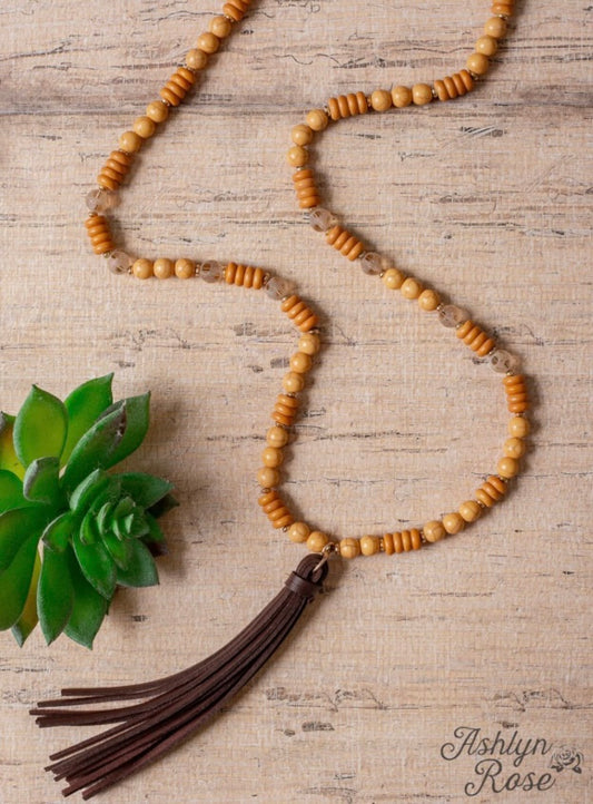 Leather Tassel Wood Beaded Necklace