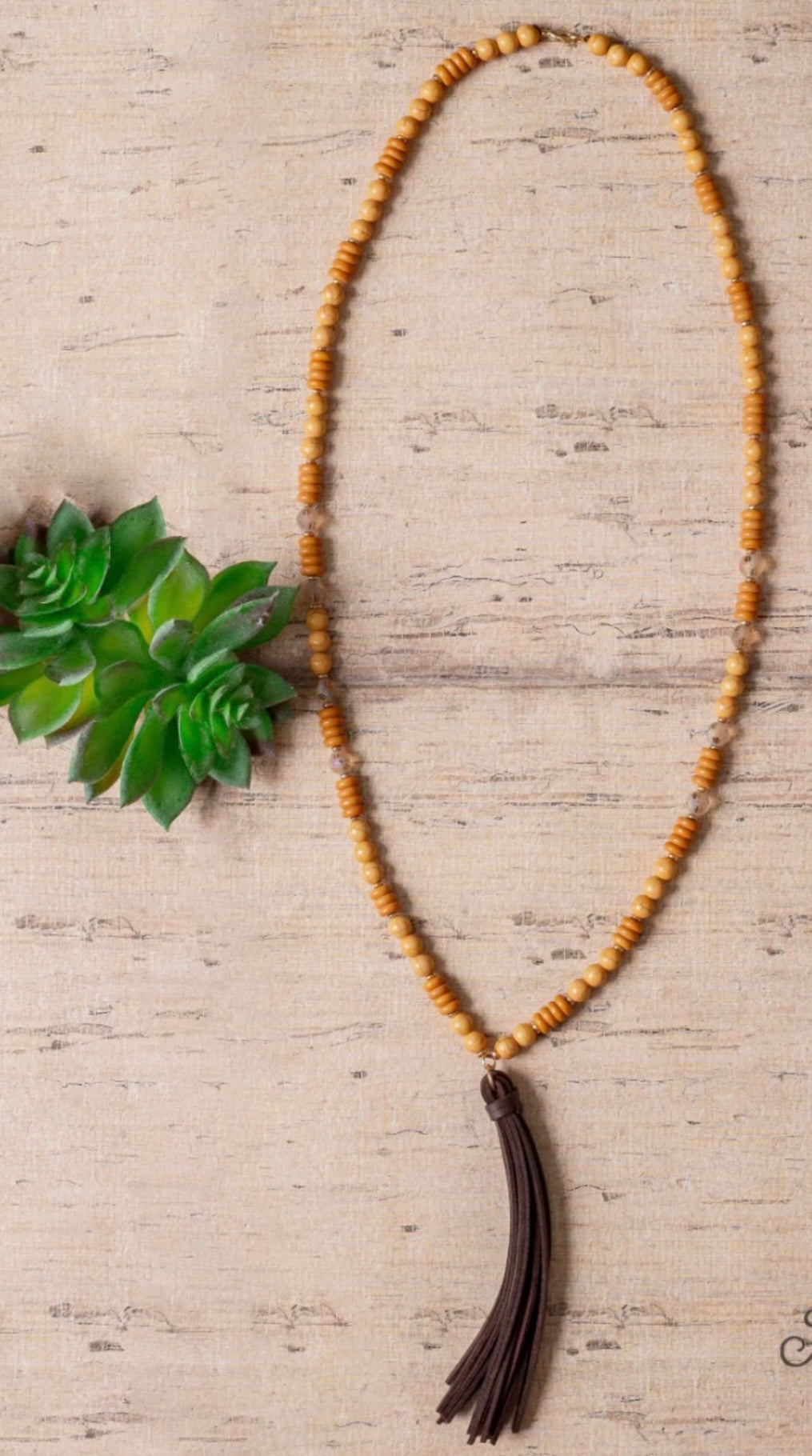 Leather Tassel Wood Beaded Necklace