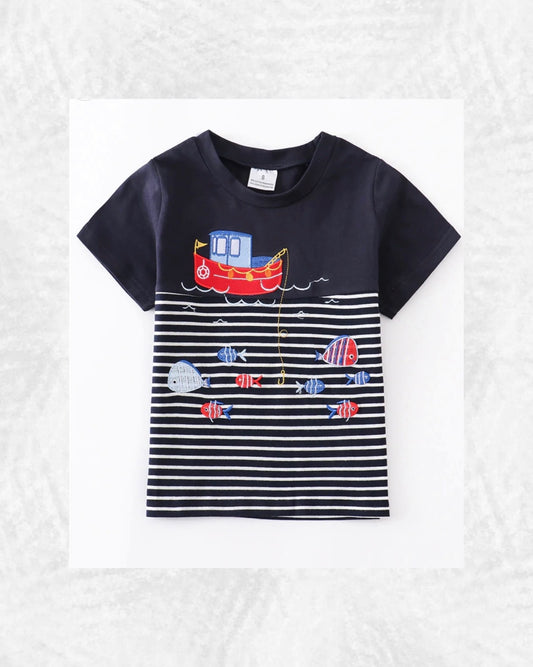 Blue Striped Embroidery Boat Shirt