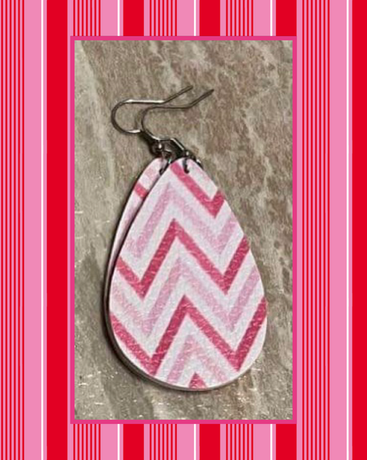 Pink Chevron Teardrop Leather Earrings